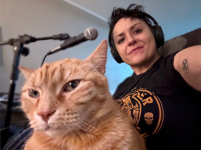 A very cool looking dyke at a mic. Wearing a orange text on black “forever metal” shirt with the most handsomest, amazingest orange kitty on her lap. 