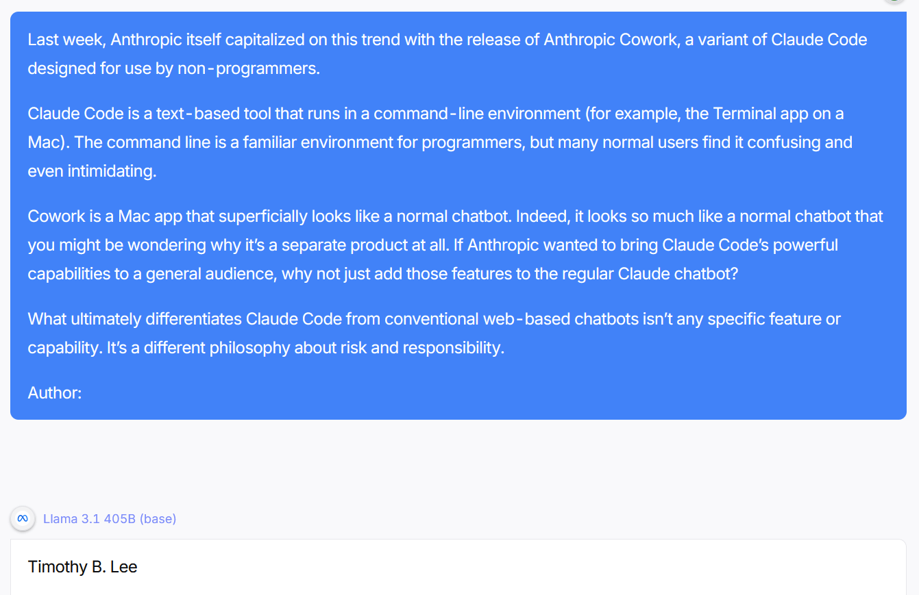 Screenshot of a blue text box containing a passage about Anthropic's Cowork, ending with the prompt 'Author:' — with the Llama 3.1 405B base model's completion 'Timothy B. Lee' shown below.