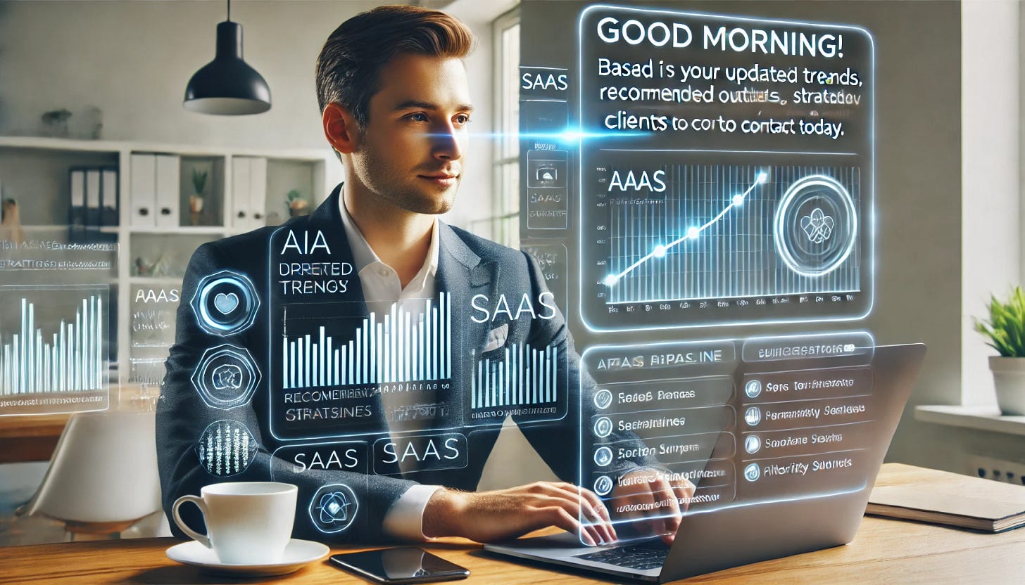 A well-dressed business professional sitting at a desk with a laptop open, displaying an AI-driven SaaS application on the screen. The application interface on the laptop screen shows a clean and modern design with holographic charts, AI-powered analytics, and intelligent suggestions. The text on the screen reads: "Good morning! Based on yesterday’s trends, here’s your updated pipeline, recommended outreach strategy, and a list of priority clients to contact today." The background is minimal and professional, emphasizing a productive and efficient workspace.
