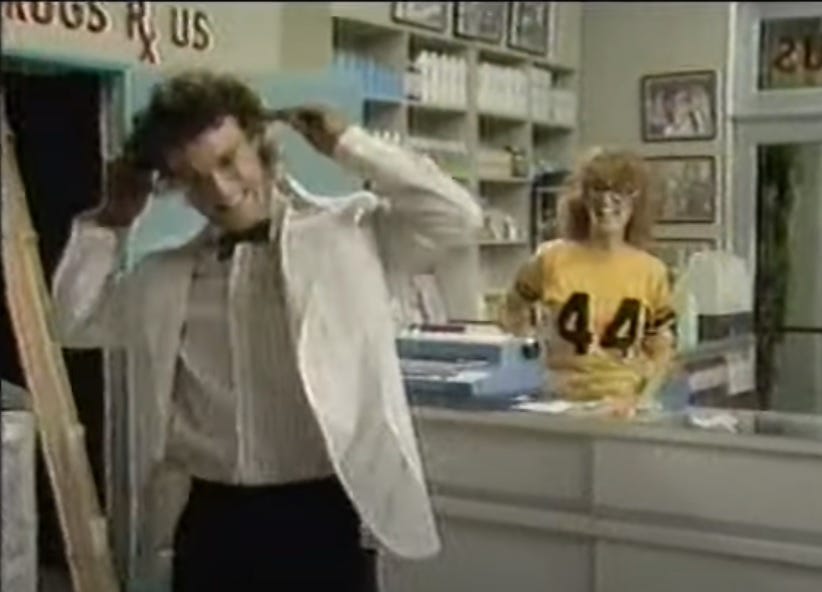 screenshot of ABC Fridays 'Drugs R Us' sketch with pharmacist (Mark Blankfield) freaking out screenshot of ABC Fridays 'Drugs R Us' sketch with pharmacist (Mark Blankfield) freaking out