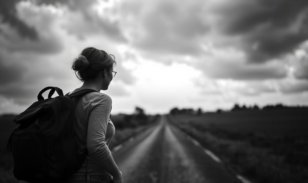 A woman walking on a rural road, backpack on, cloudy sky ahead but light breaking through in the distance