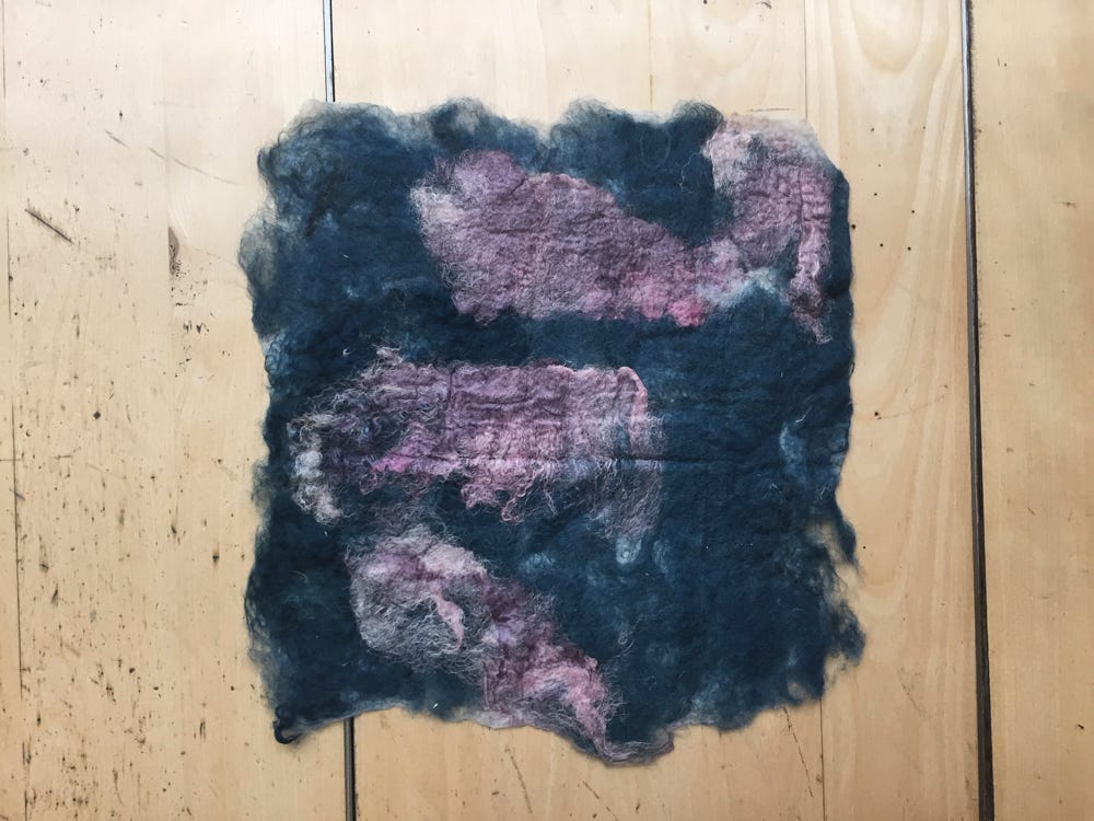 Foreground: pink silk + white wool Background: blue wool