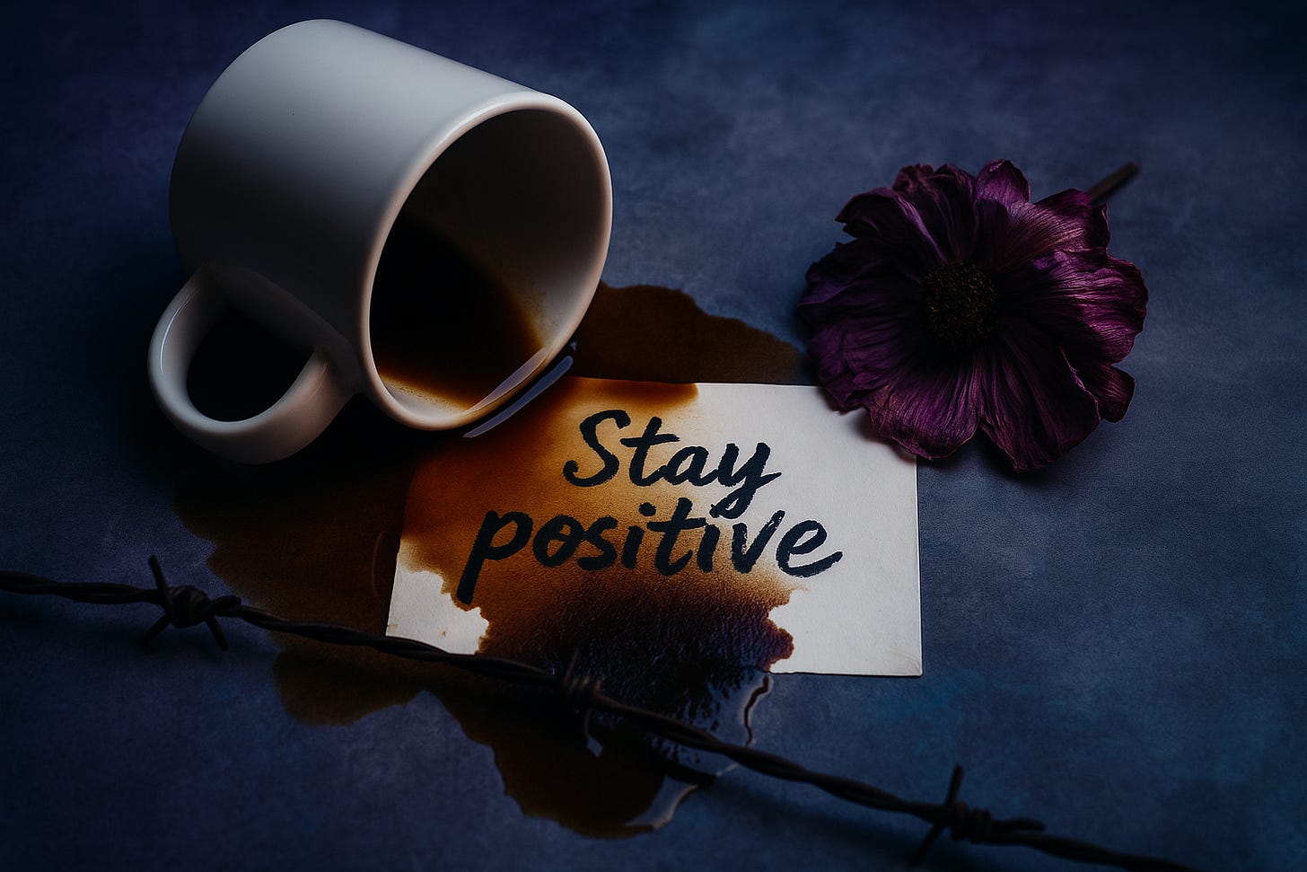 An overturned white coffee cup spills across a note reading “Stay positive,” the ink blurred and darkened by the flood. Beside it lies a large wilted purple flower, all under moody blue and violet light.