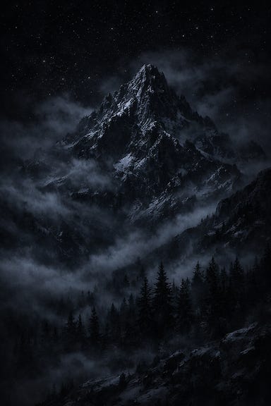 Mount Ghakis under a moonless Barovian night, jagged peak rising above swirling mist, faint starlight glinting off snow and stone, dark pines shivering below, ominous and vast