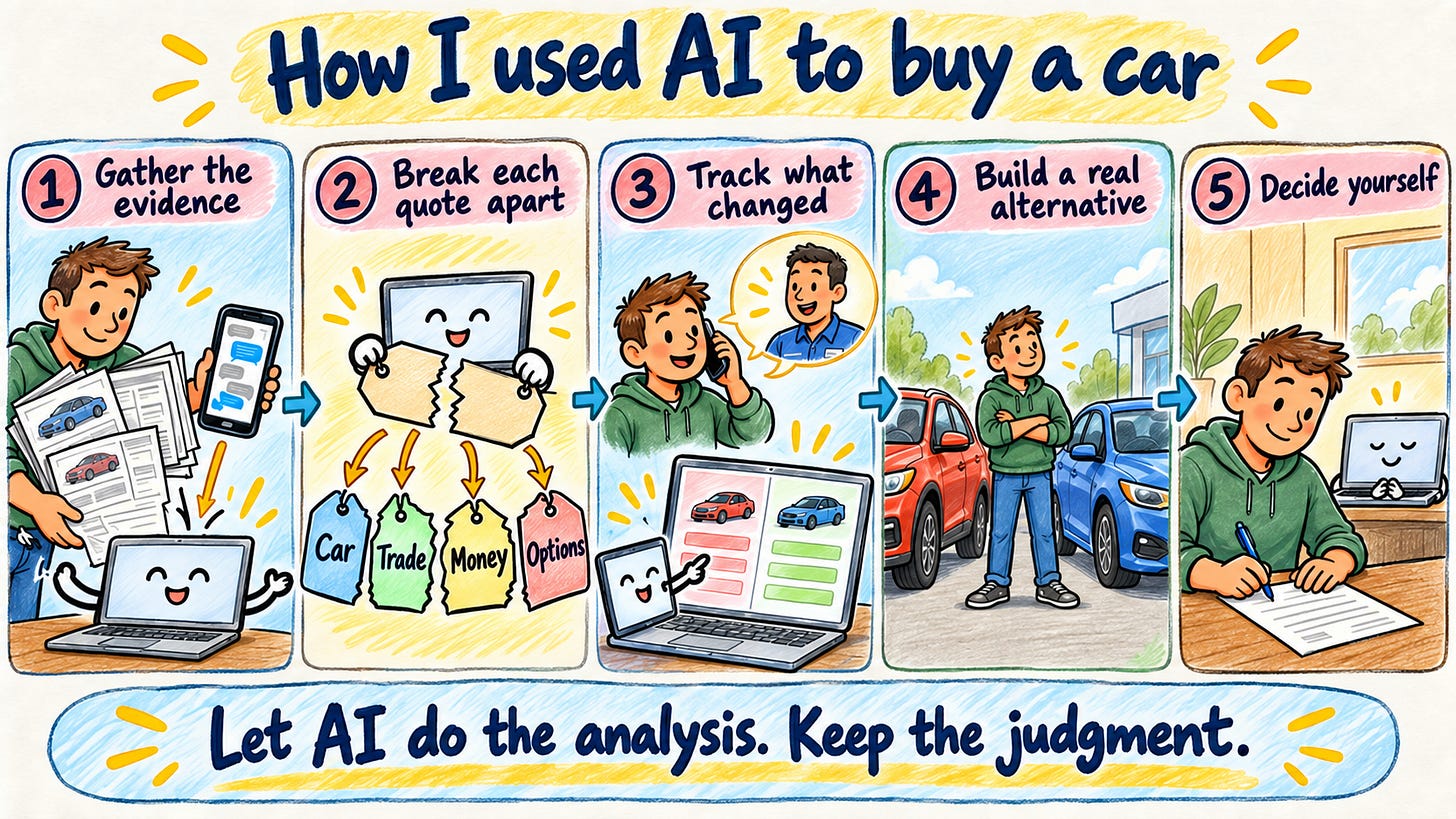 Sketchnote of the five steps: gather the evidence, break each quote apart, track what changed, build a real alternative, decide yourself. Footer: let AI do the analysis, keep the judgment. Sketchnote of the five steps: gather the evidence, break each quote apart, track what changed, build a real alternative, decide yourself. Footer: let AI do the analysis, keep the judgment.