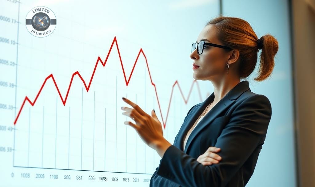 A sales woman looking at a sales graph that has extreme highs and lows