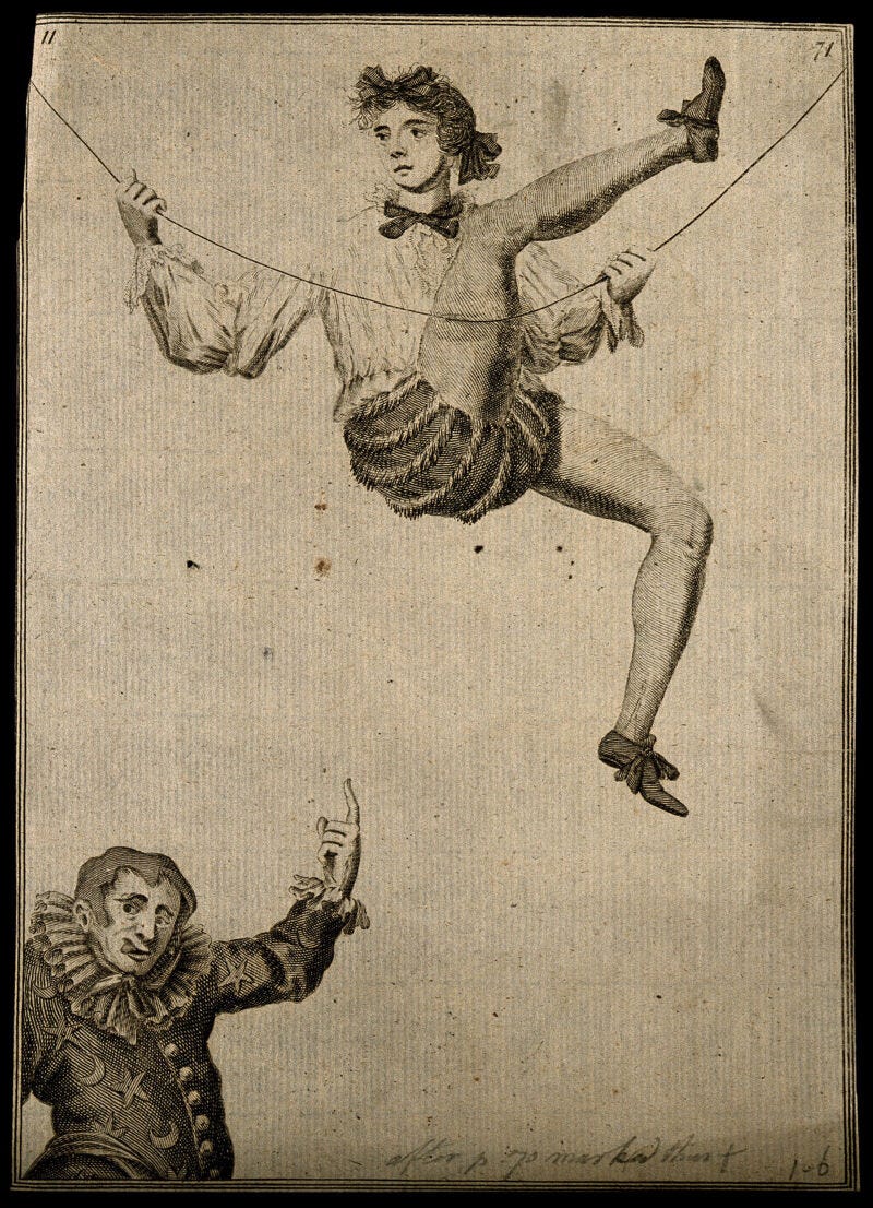 A tightrope walker above a clown. Engraving after M. Laroon, 1688. |  Wellcome Collection