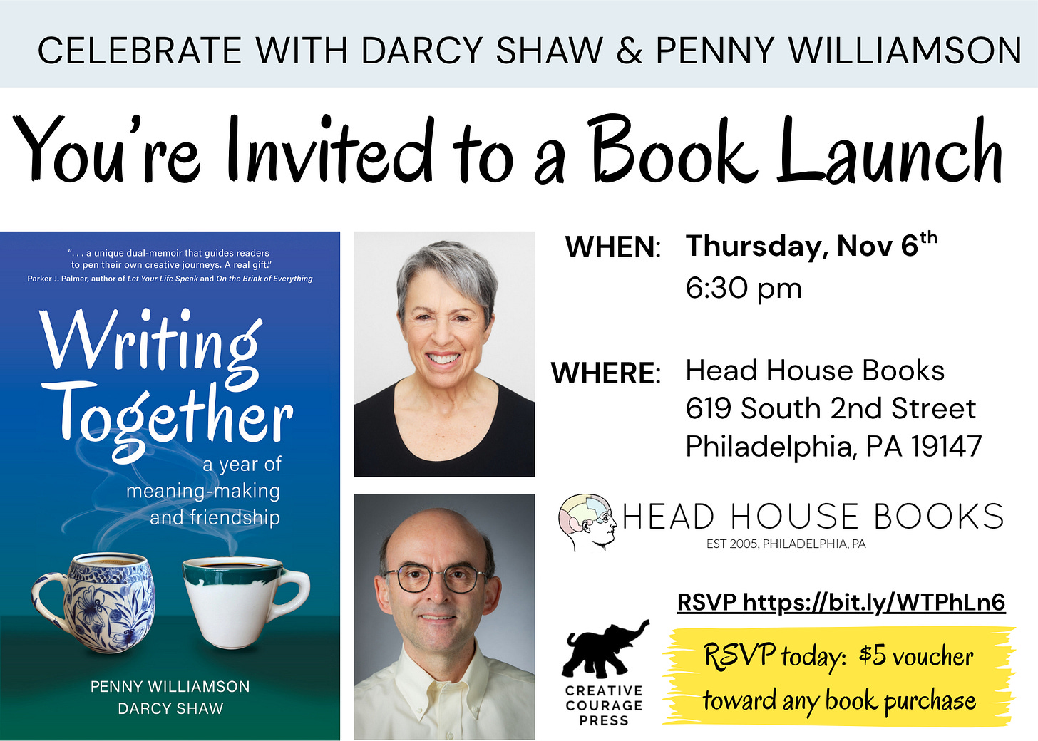 An Evening with Penny Williamson & Darcy Shaw Please join us on Thursday, November 6th at 6:30 pm ET at Head House books in Philadelphia. RSVP now at https://bit.ly/WTPhLn6 Ticketed event - please purchase a redeemable event voucher below to secure your spot! Your $5 voucher is good toward purchase of any book the day of the event.