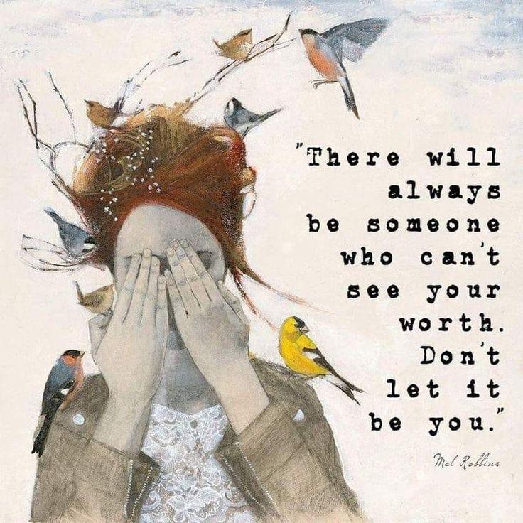 This may contain: a woman covering her face with both hands and birds flying around her, in front of a quote from mel robinson
