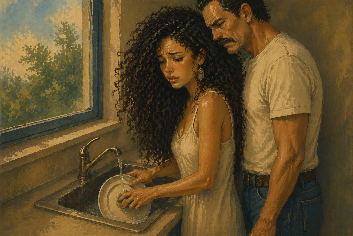 Young Mexican American woman washes dishes at a sink while an older man stands close behind her, creating a tense and watchful atmosphere.