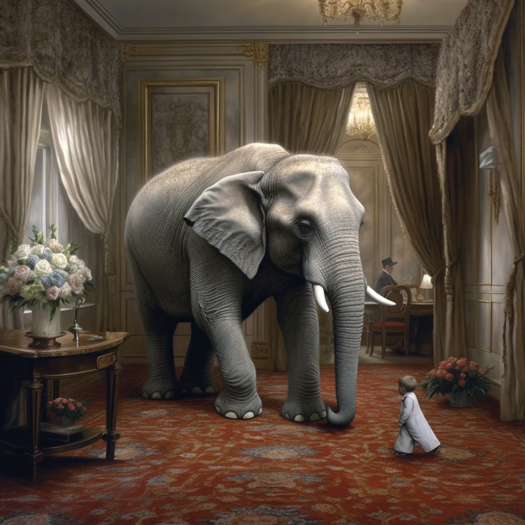 A picture of an elephant in an old high ceiling European parlor room, the carpet is a rich red floral pattern and there is a small end table to the left with a bouquet of multicolored roses on it. There are more flowers in a low plot towards the back of the room on the floor, next to a doorway leading to an apparent dining room or some kind of office.  There is a small child in motion, circling and playing, looking towards the elephant, away from frame.