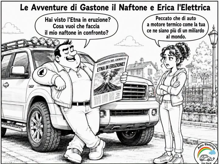 May be an image of text that says 'Hai visto l'Etna in eruzione? Cosa vuoi che faccia il mio naftone in confronto? Le Avventure di Gastone il Naftone e Erica l'Elettrica Peccato che di auto a motore termico come la tua ce ne siano più di un miliardo al mondo. #GAZZETTA DEL GIORNO ETNA IN ERUZIONE! VB 海口ー Auto Eletriea Elettrica ပ Hoe'