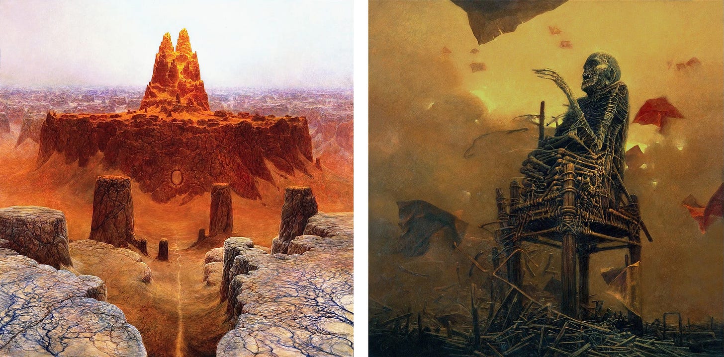 LEFT: The immediate foreground is dominated by pale buttes with surreal blue veins running through the rock. On the ground, a trail leads to a wall of stone shifting the colors to rusty warmth. Flat on top the formation bears a face whose features are difficult to discern. Rising above the horizon line is an unexpected twin peaked mountain. Snow fills the crags of the ridges of the mountain and blankets the top of the formation it sits atop. RIGHT: Atop a massive wooden chair, a distorted figure sits against dirty yellow sky with one emaciated arm bent but aimlessly reaching out. Its mouth is open, eyes shadowed sockets expressing some kind of torment. Highlights of warmth burn at the edges of clouds around it but don't break through the haze. Red cloth flutters and folds near the viewer and murkier in the distance. Beneath the chair are piles of wreckage, perhaps the broken structure of buildings hinted at by the lines of the debris. LEFT: The immediate foreground is dominated by pale buttes with surreal blue veins running through the rock. On the ground, a trail leads to a wall of stone shifting the colors to rusty warmth. Flat on top the formation bears a face whose features are difficult to discern. Rising above the horizon line is an unexpected twin peaked mountain. Snow fills the crags of the ridges of the mountain and blankets the top of the formation it sits atop. RIGHT: Atop a massive wooden chair, a distorted figure sits against dirty yellow sky with one emaciated arm bent but aimlessly reaching out. Its mouth is open, eyes shadowed sockets expressing some kind of torment. Highlights of warmth burn at the edges of clouds around it but don't break through the haze. Red cloth flutters and folds near the viewer and murkier in the distance. Beneath the chair are piles of wreckage, perhaps the broken structure of buildings hinted at by the lines of the debris.