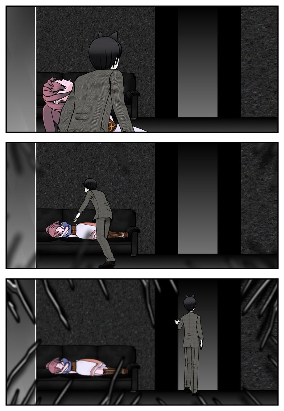 Ace finally sees a door with a couch nearby. He lays Vana on the couch and opens the door, not noticing a strange energy looming nearby.