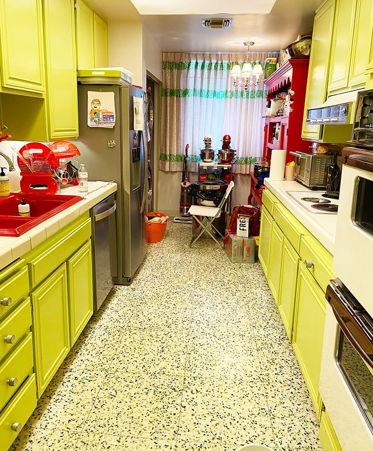 The kitchen appliances on the right were originally installed in 1975 had never been used. I burned them ALL up, and let my husband and kid erode my clutter free / clean surfaces policy. 