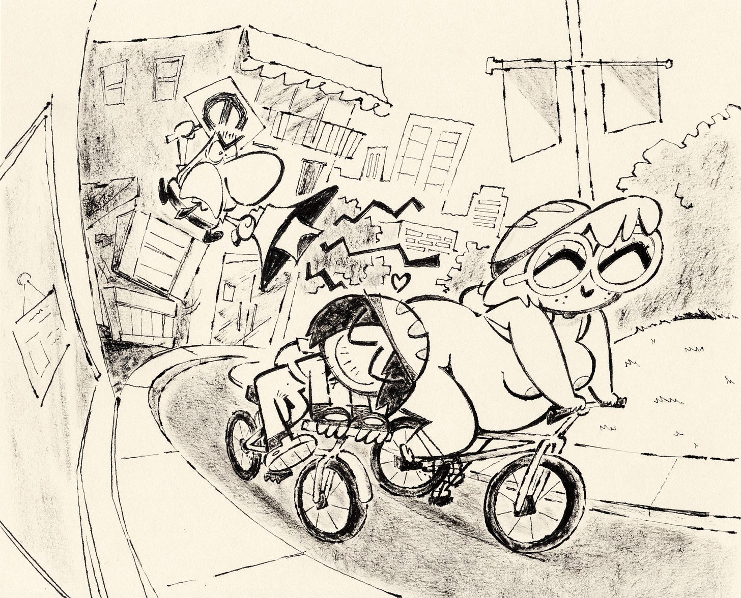 A black-and-white concept sketch shows two nude cyclists riding downhill through a city street while an angry protester holding a sign gives chase behind them.