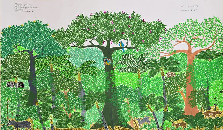 Abel Rodriguez — Terraza Baja (detail) [2018] / Anya Gallaccio — Because I Could Not Stop [2002] [Source: Rowley Gallery].