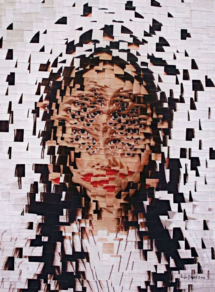 This may contain: a woman's face is made up of black and white squares