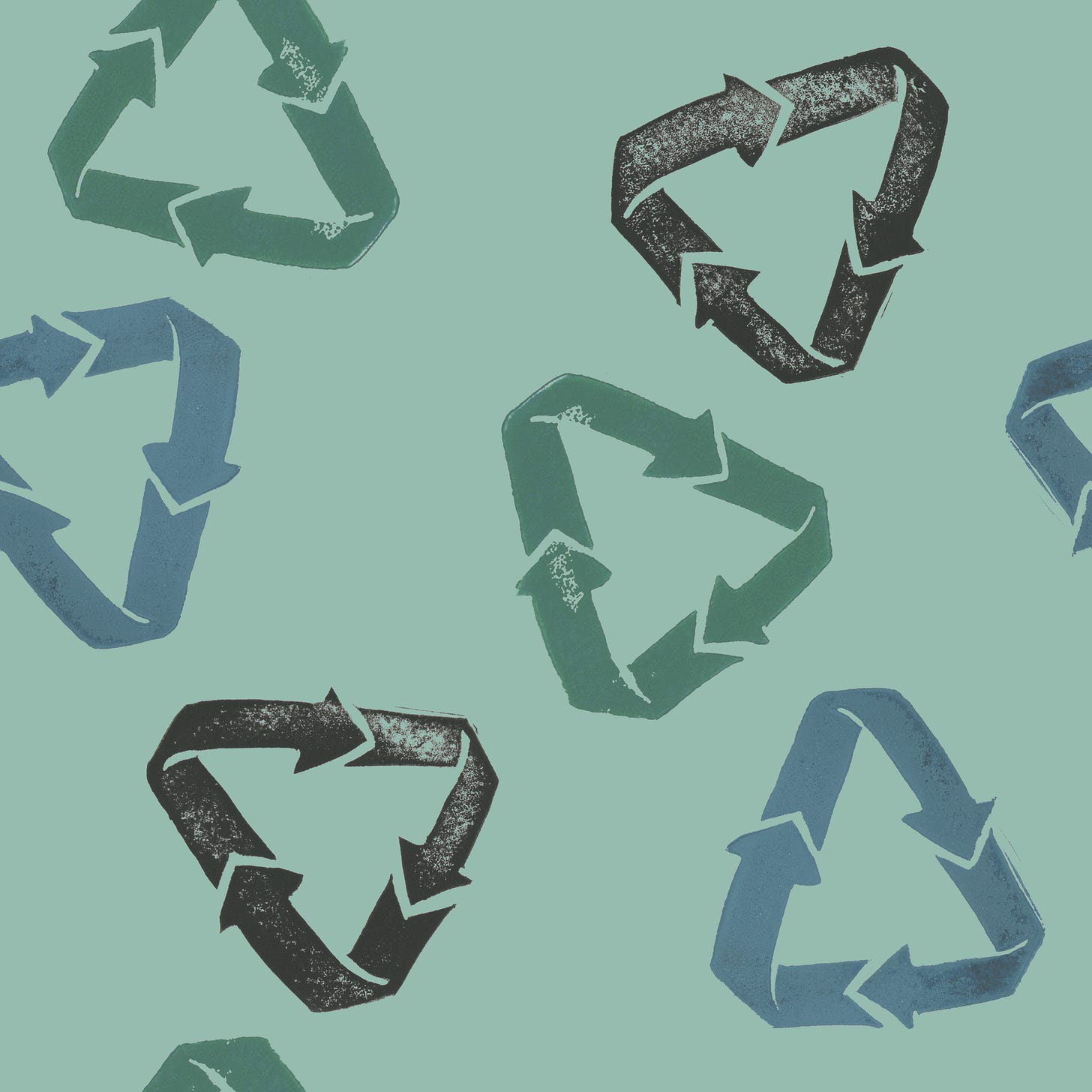 Minty sage-green background scattered with block-printed recycling symbols in black, blue, and green.