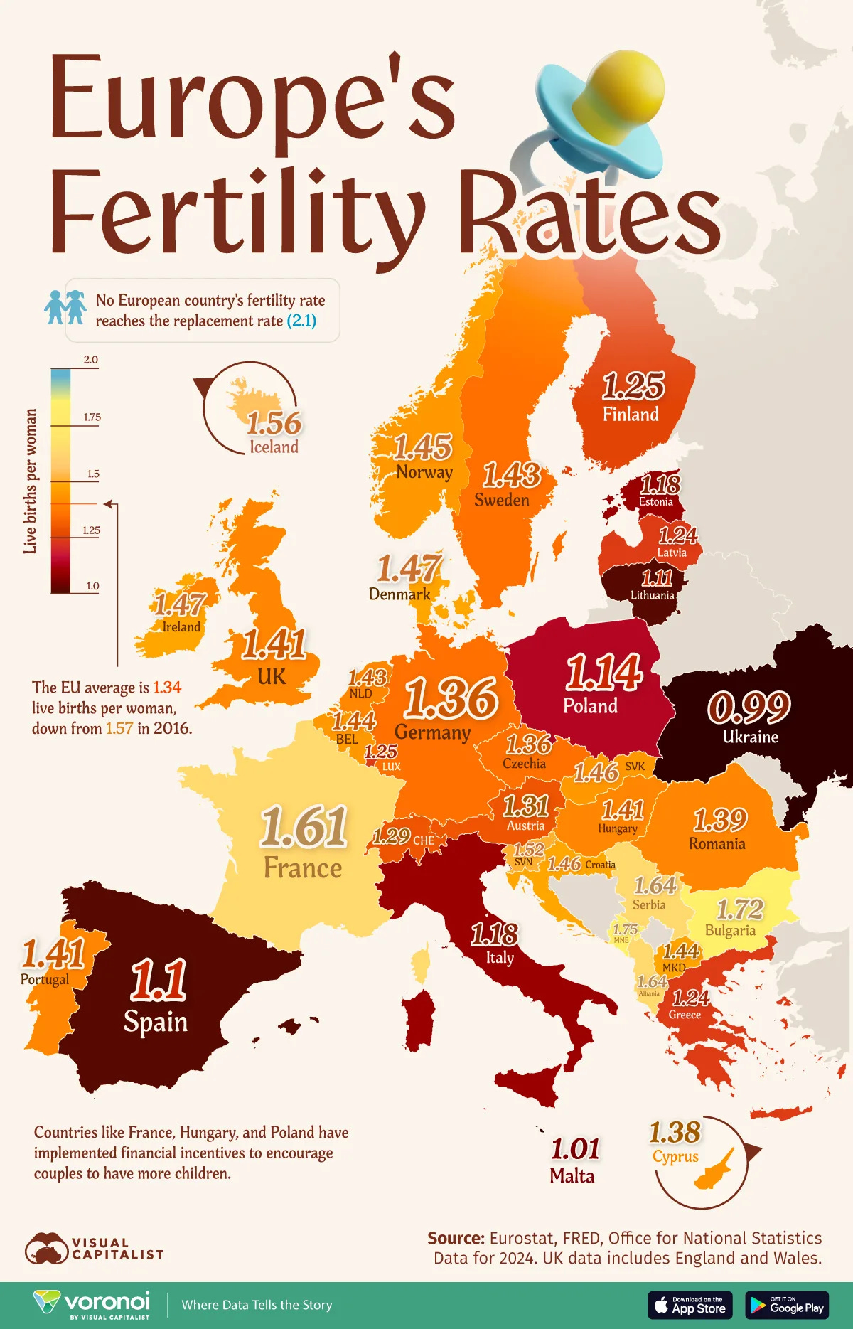 Map of Europe showing each country's fertility rate.