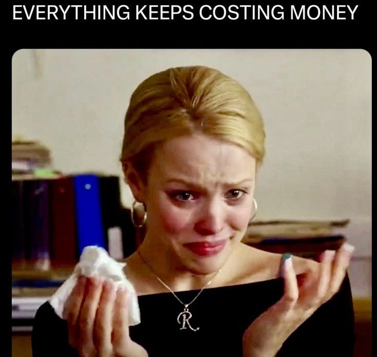 This may contain: a woman holding something in her hands with the caption everything keeps costing money