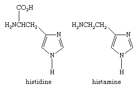 Molecular structures of histidine and histamine. Molecular structures of histidine and histamine.