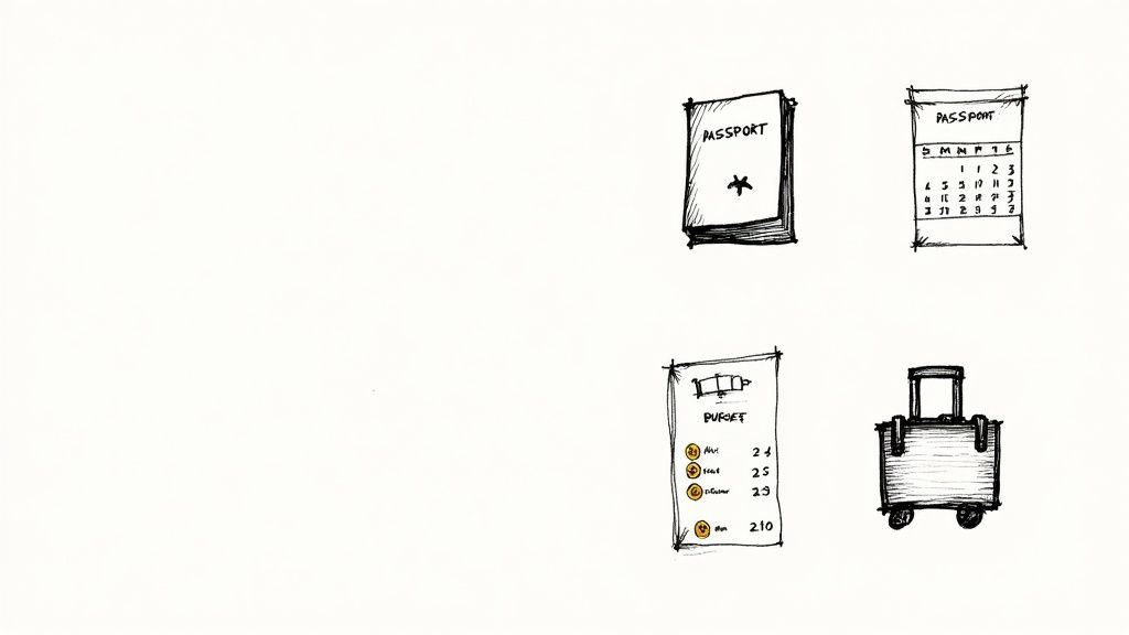 A hand-drawn sketch of travel essentials, including a passport, calendar, budget sheet, and suitcase. A hand-drawn sketch of travel essentials, including a passport, calendar, budget sheet, and suitcase.