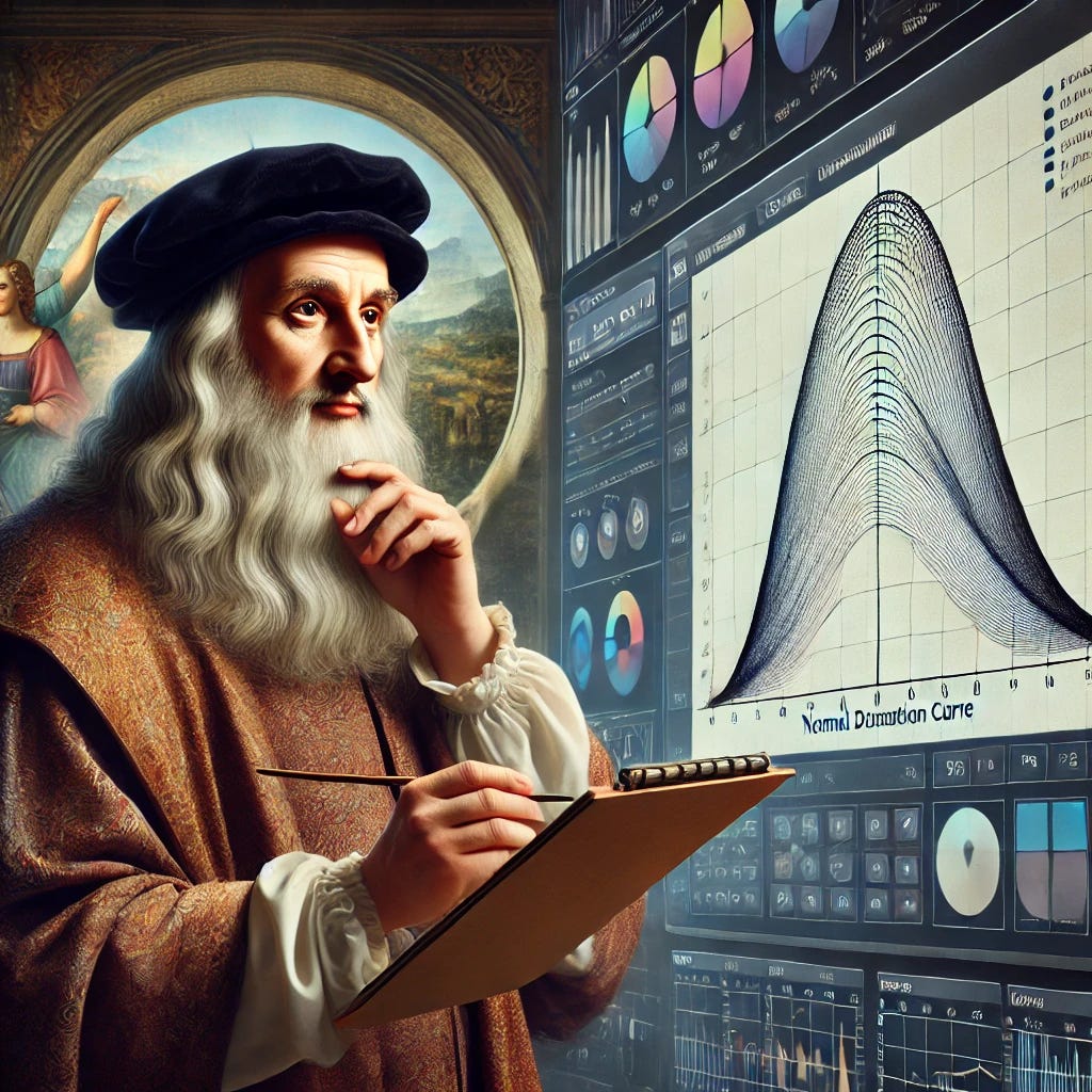 Leonardo da Vinci, depicted in Renaissance attire, thoughtfully observing a large, modern bell-shaped normal distribution curve displayed on a digital screen in a contemporary setting. The screen shows the curve with labeled axes, and da Vinci is holding a sketchpad, appearing intrigued as he takes notes or sketches. The background features a blend of classic Renaissance elements and modern technology, symbolizing the fusion of historical genius with modern statistical concepts. Leonardo da Vinci, depicted in Renaissance attire, thoughtfully observing a large, modern bell-shaped normal distribution curve displayed on a digital screen in a contemporary setting. The screen shows the curve with labeled axes, and da Vinci is holding a sketchpad, appearing intrigued as he takes notes or sketches. The background features a blend of classic Renaissance elements and modern technology, symbolizing the fusion of historical genius with modern statistical concepts.