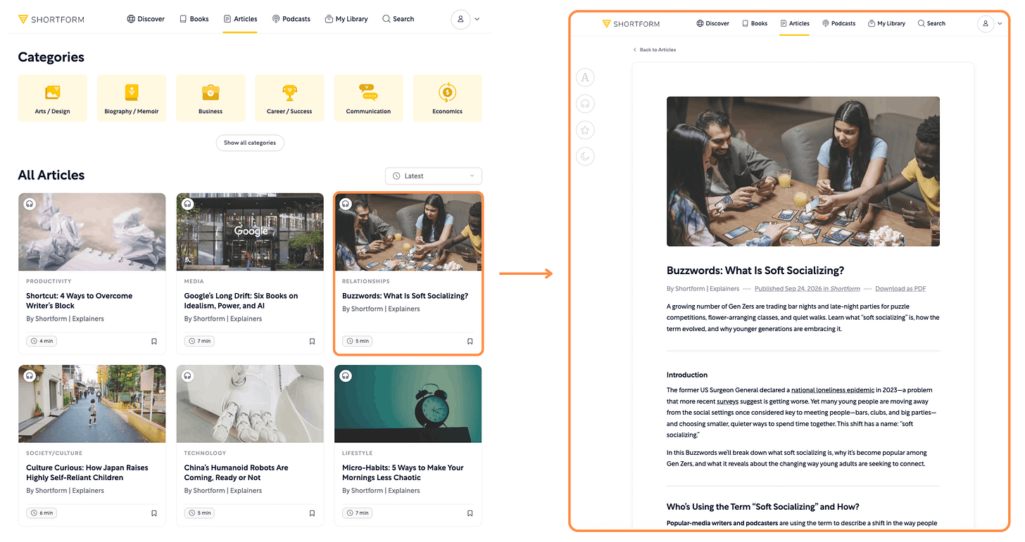 Shortform’s Articles (desktop view + light mode) Shortform’s Articles (desktop view + light mode)
