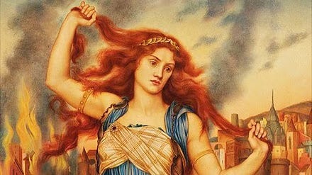 A painting of Cassandra by Evelyn De Morgan, depicting her standing in front of the burning city of Troy, pulling her own red hair with both hands, looking down at an angle.