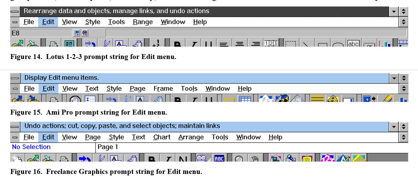 Comparison of top level menus and the prompt string in the title bar across Lotus 1-2-3, Ami Pro, and Freelance in SmartSuite. They are all very different. Comparison of top level menus and the prompt string in the title bar across Lotus 1-2-3, Ami Pro, and Freelance in SmartSuite. They are all very different.