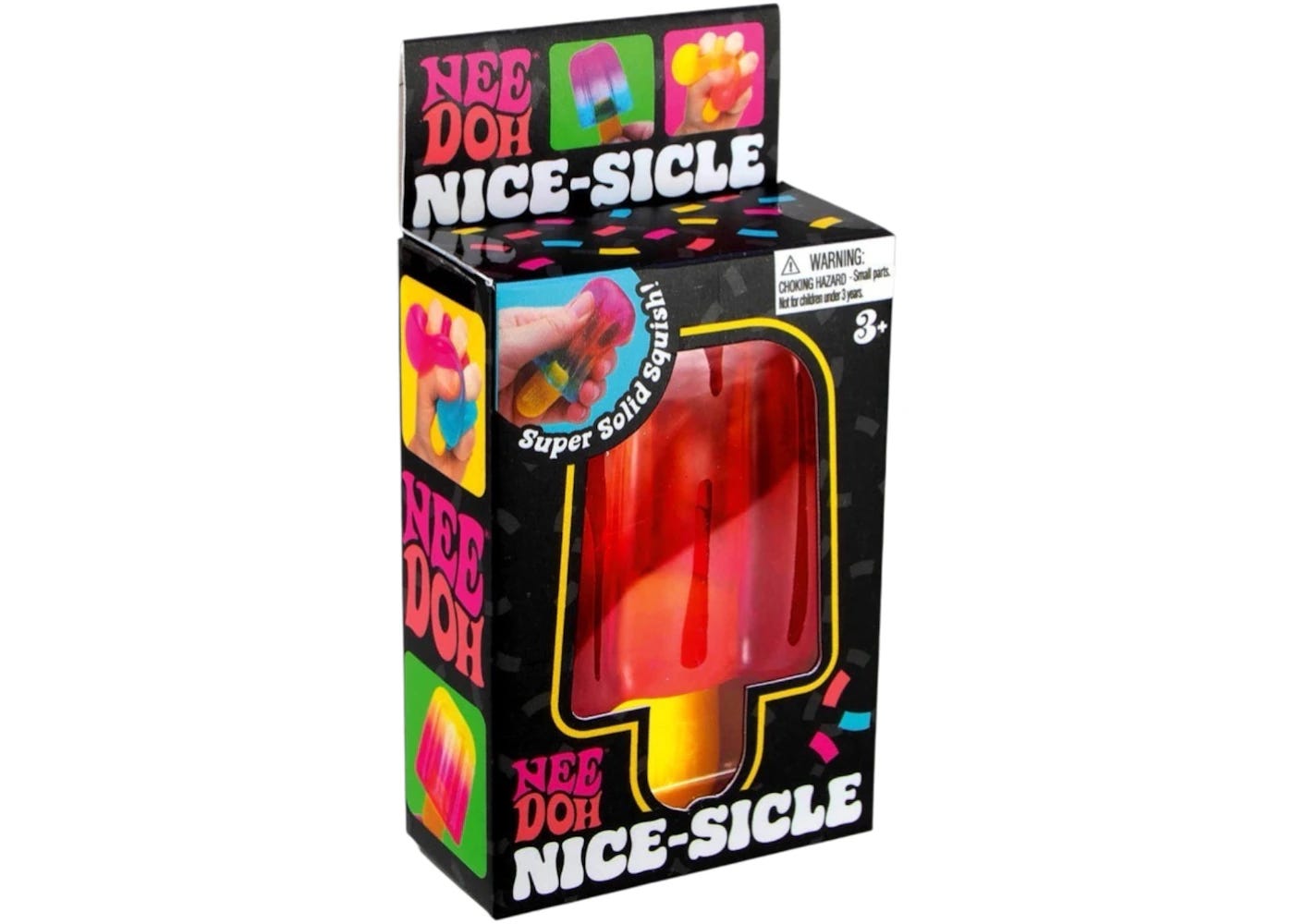 A red NeeDoh Nice-Sicle toy in its box.