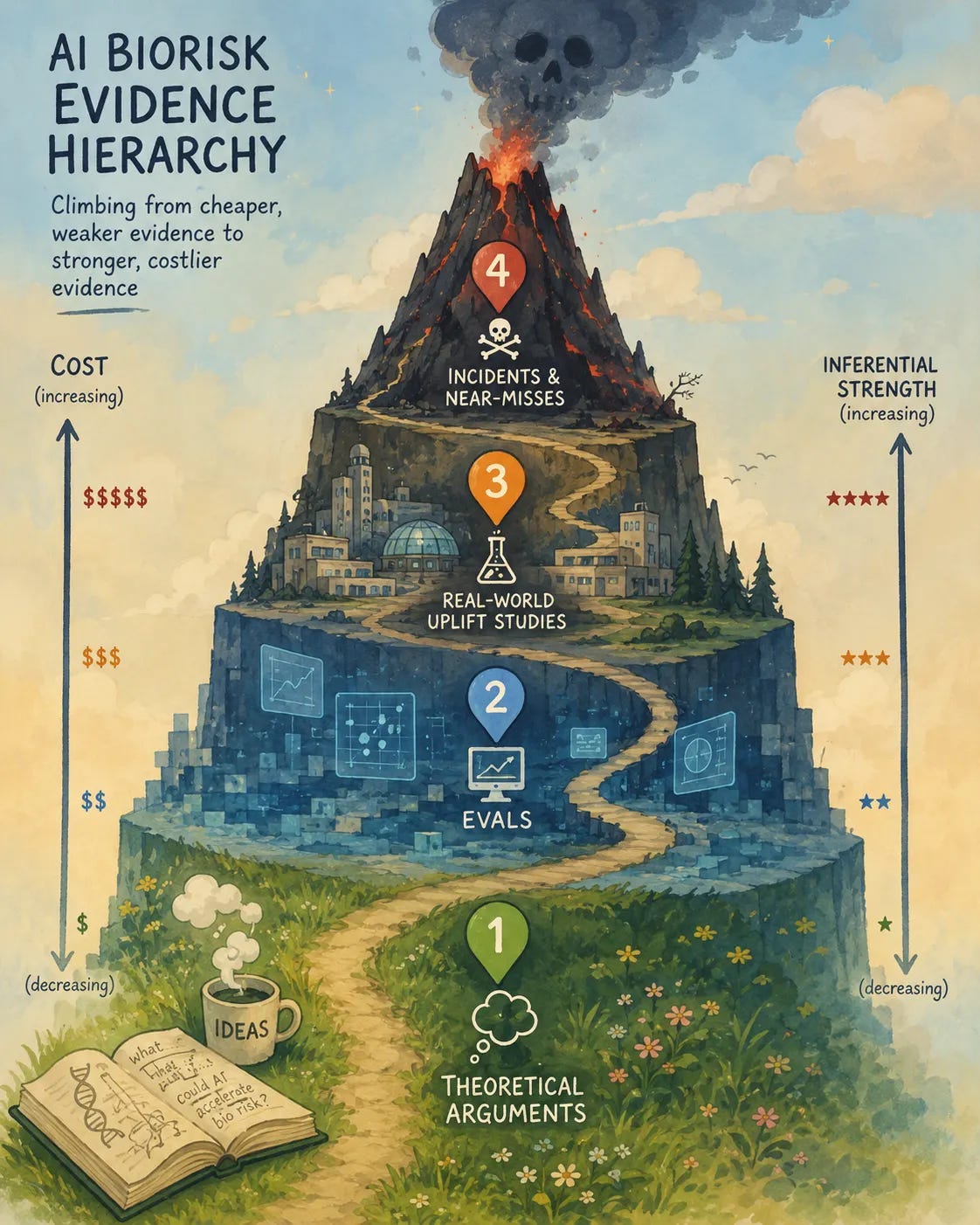 Watercolor infographic titled ”AI Biorisk Evidence Hierarchy,” depicting a winding path climbing a tiered mountain toward an erupting volcano crowned with a skull. Four numbered map-pin markers label the levels from base to summit: (1) Theoretical Arguments, shown as an open notebook and coffee cup on a grassy meadow; (2) Evals, on a blocky blue plateau with glowing data screens; (3) Real-World Uplift Studies, on a mid-mountain ledge with laboratory buildings; and (4) Incidents & Near-Misses, near the dangerous volcanic peak. Flanking arrows indicate cost increasing left and inferential strength increasing right as evidence climbs the hierarchy. Watercolor infographic titled ”AI Biorisk Evidence Hierarchy,” depicting a winding path climbing a tiered mountain toward an erupting volcano crowned with a skull. Four numbered map-pin markers label the levels from base to summit: (1) Theoretical Arguments, shown as an open notebook and coffee cup on a grassy meadow; (2) Evals, on a blocky blue plateau with glowing data screens; (3) Real-World Uplift Studies, on a mid-mountain ledge with laboratory buildings; and (4) Incidents & Near-Misses, near the dangerous volcanic peak. Flanking arrows indicate cost increasing left and inferential strength increasing right as evidence climbs the hierarchy.