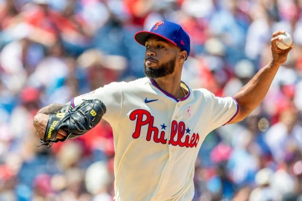Philadelphia Phillies starting pitcher Cristopher Sánchez throws during the first inning against the Colorado Rockies on Sunday, May 10, 2026, in Philadelphia. (AP Photo/Laurence Kesterson)