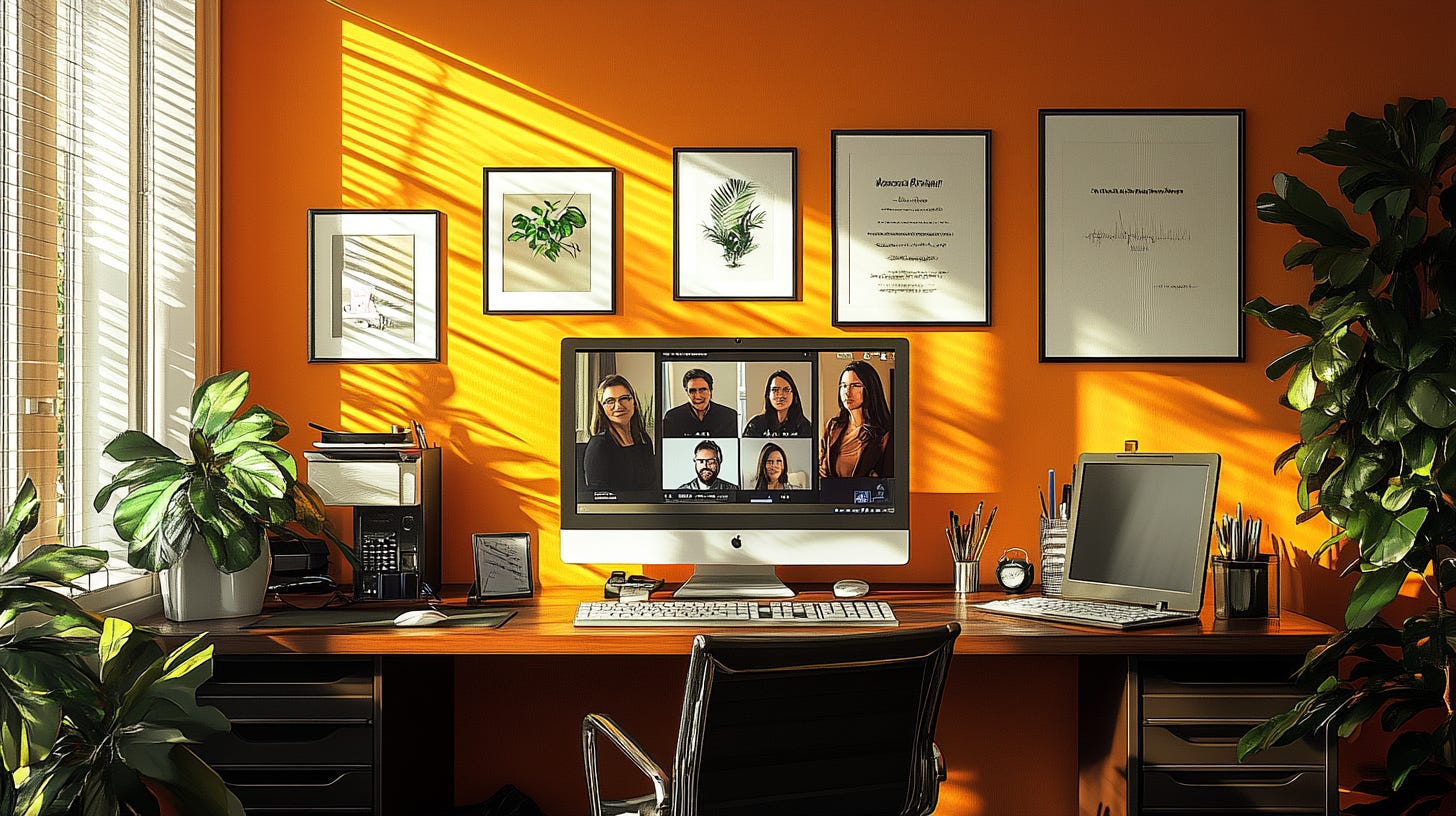 A home office with orange walls and potted plants. On the desk, there's a screen showing a Zoom video conference. People on the call wear serious expressions.