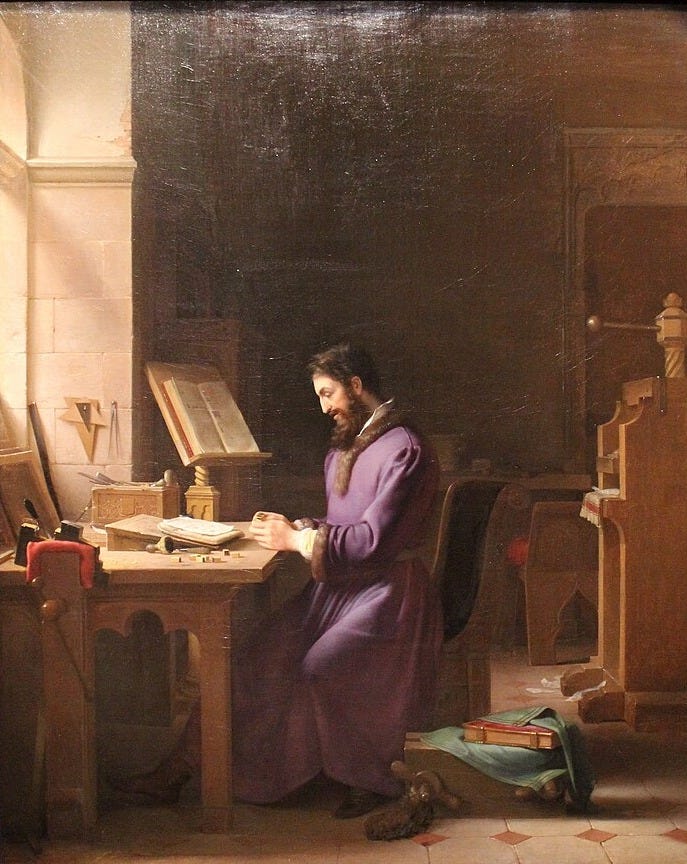 Pintura de Jean-Antoine Laurent: Gutenberg sentado à mesa, próximo a uma janela, organiza caracteres móveis de chumbo com as mãos. Ao redor, livros, papéis e instrumentos de impressão. Pintura de Jean-Antoine Laurent: Gutenberg sentado à mesa, próximo a uma janela, organiza caracteres móveis de chumbo com as mãos. Ao redor, livros, papéis e instrumentos de impressão.