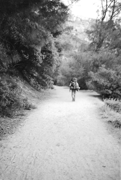 Man alone on hiking trail, man and two girls on a set of steps, and man walking through tunnel with two girls