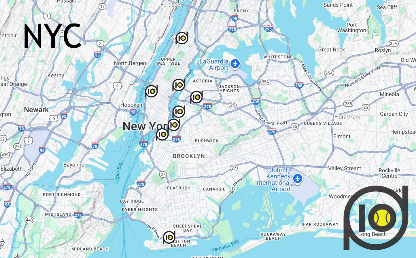 Map showing padel clubs in New York City