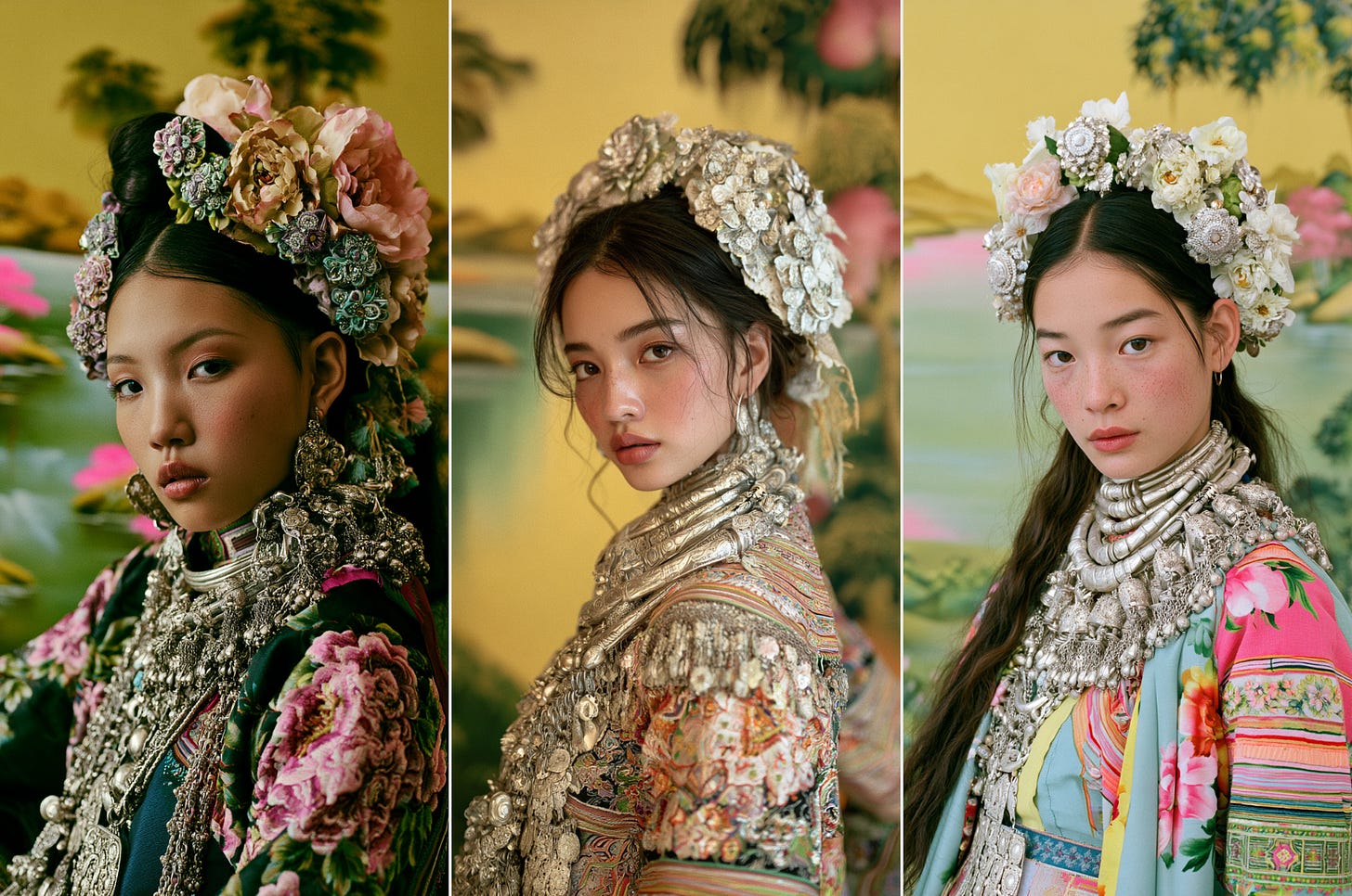 a young Vietnamese Hmong woman wearing traditional jewelry, clothing, and hair styling; heavy, layered silver necklaces and intricate floral hairpieces. Her body is half-turned away, and she is looking back at the camera as if surprised. The background is a traditional Vietnamese silk painting showing a river and trees, in yellow and green with pink highlights. a young Vietnamese Hmong woman wearing traditional jewelry, clothing, and hair styling; heavy, layered silver necklaces and intricate floral hairpieces. Her body is half-turned away, and she is looking back at the camera as if surprised. The background is a traditional Vietnamese silk painting showing a river and trees, in yellow and green with pink highlights.