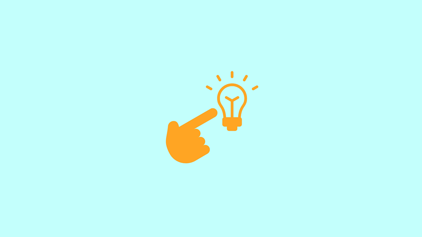 Orange hand with extended index finger pointing at an illuminated light bulb icon on a light blue background