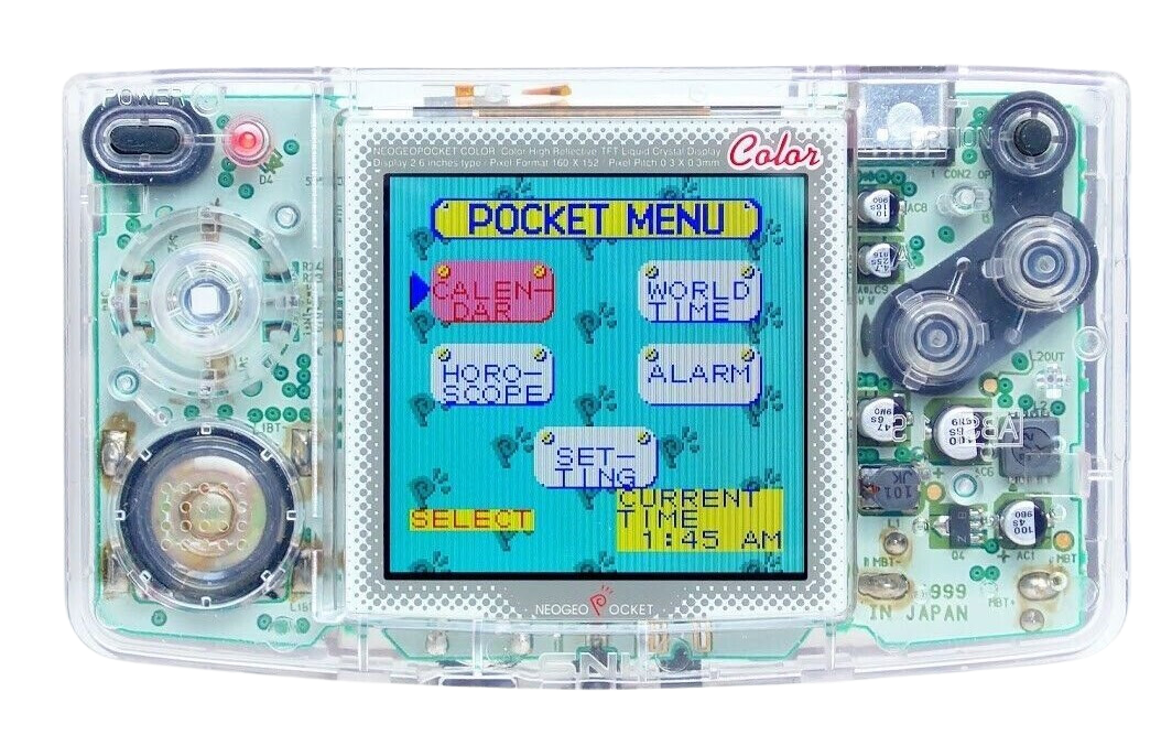 Clear Neo Geo Pocket Color showing pocket menu with options like Calendar, World Time. Transparent casing reveals internal circuits.