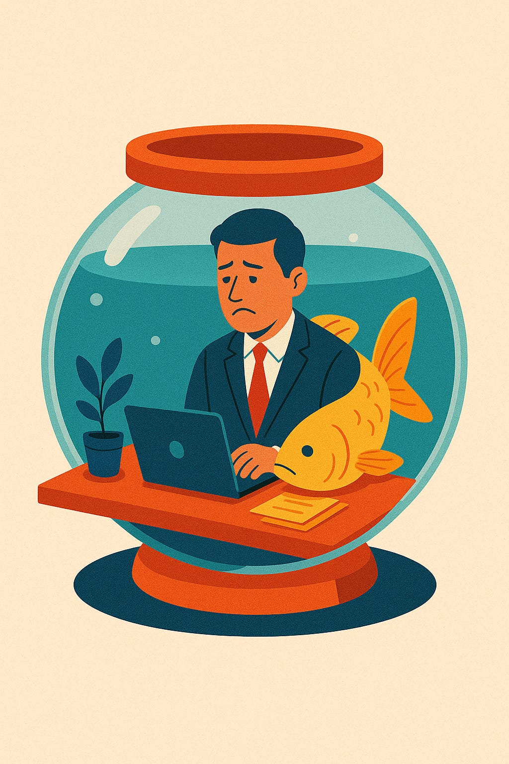 Businessman inside a fishbowl working on a laptop, symbolizing isolation and work pressure.