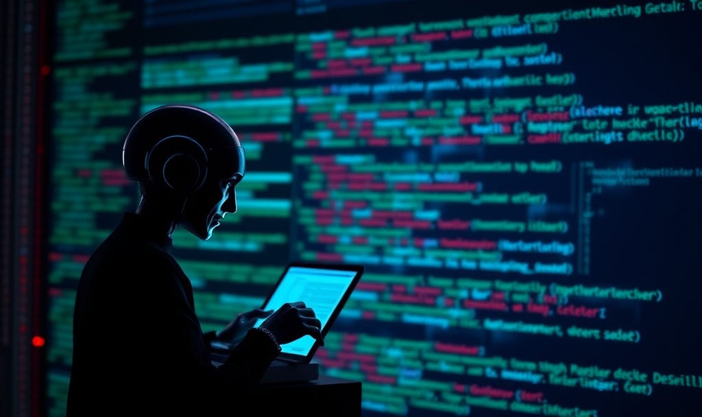A silhouetted figure working on a tablet in front of large screens displaying colorful code