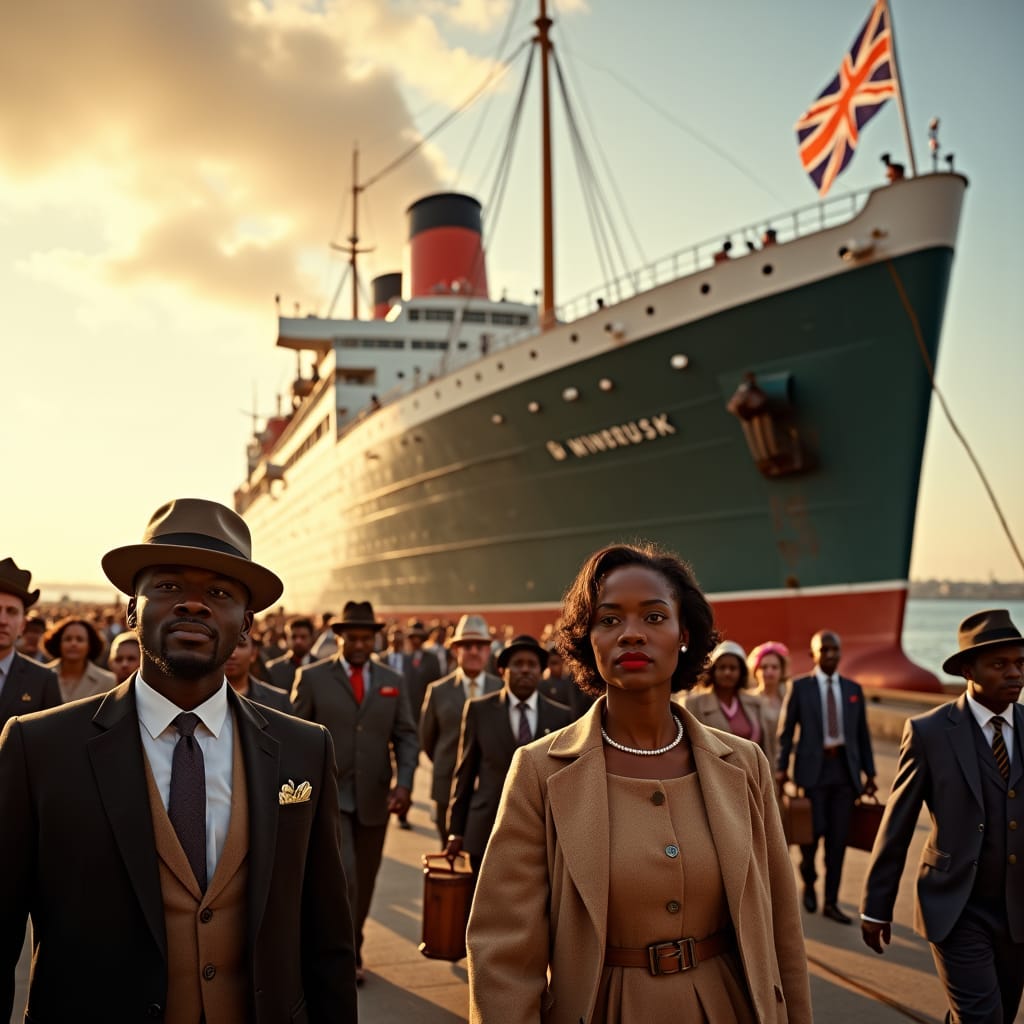 Historical HMT Empire Windrush ship arriving in Britain, 1940s, warm sunlight casting long shadows, clear blue skies, calm waters, reflecting the optimism of the era. Black Jamaican passengers, dressed in authentic attire, bustling on deck: men in suits, fedoras, and trilbies, some holding vintage suitcases, others wearing casual work clothing; women in modest, knee-length dresses, headscarves, and pearl necklaces, exuding hope, curiosity, and pride. The ship's massive structure towers behind, 'Windrush' emblazoned on its side in bold, Art Deco lettering. Inspired by the cinematography of Roger Deakins, influenced by the vibrant colors of Gordon Parks, and the poignant realism of Malick Sidibé, with a touch of classical Hollywood grandeur.