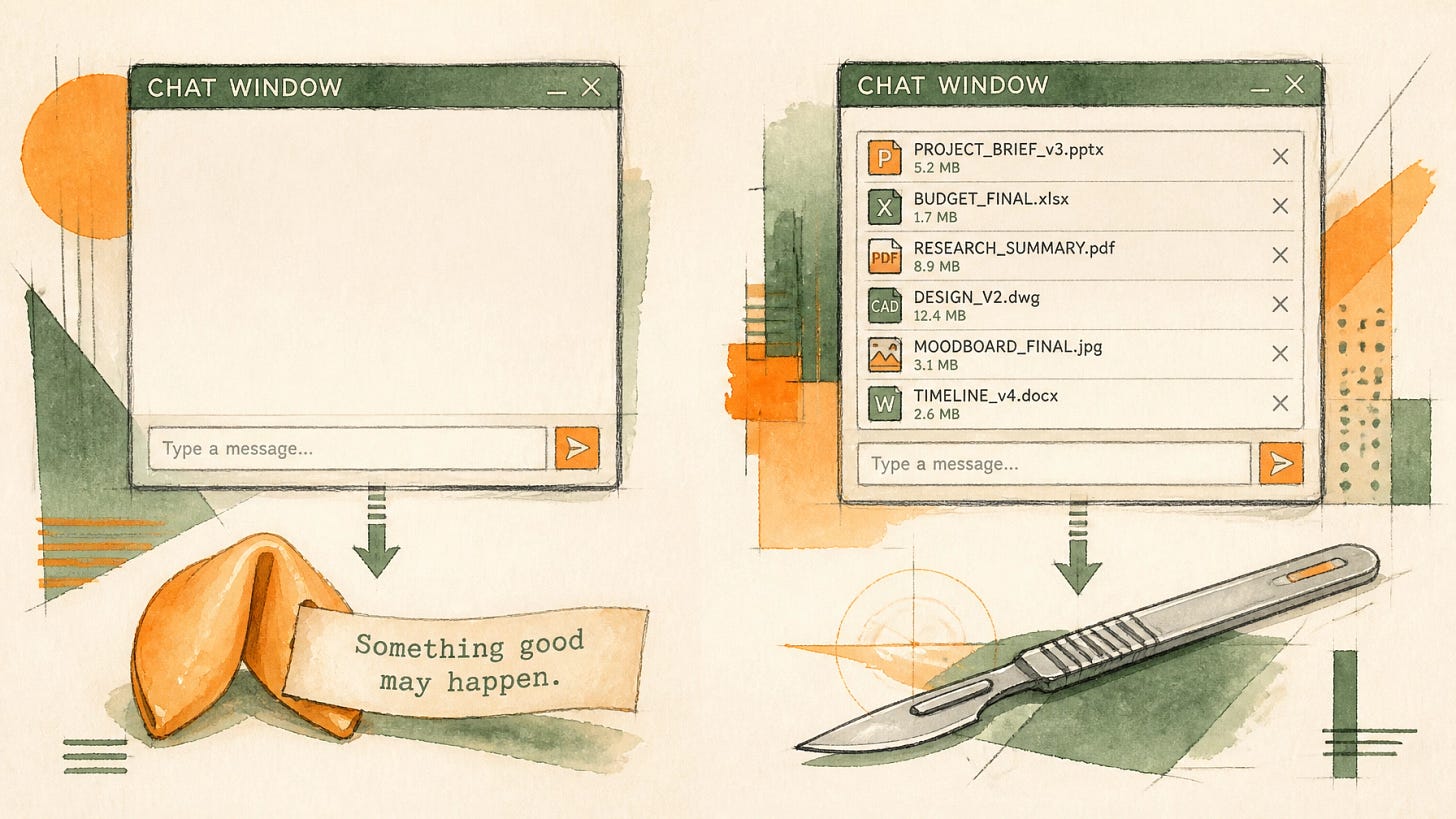 The same prompt in two windows: an empty chat produces a vague fortune cookie, a chat full of project files produces a scalpel.