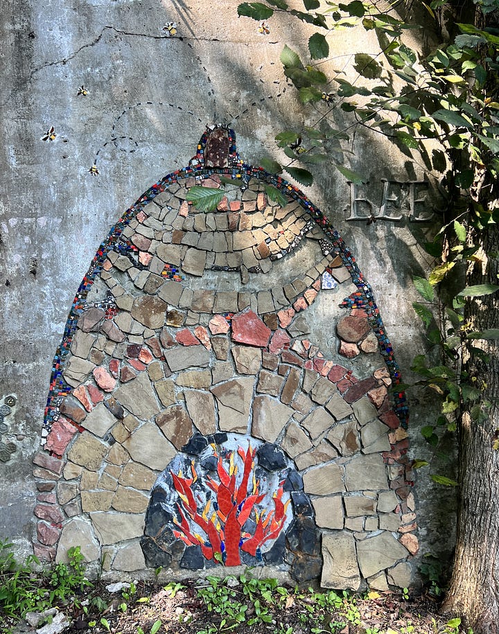 The mosaic installation of the coke oven made to look like a beehive, with little mosaic bees buzzing around it.
