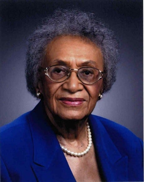 Photo of Frankie Muse Freeman, a woman of color. She is wearing a royal blue blazer and necklace of pearls. 