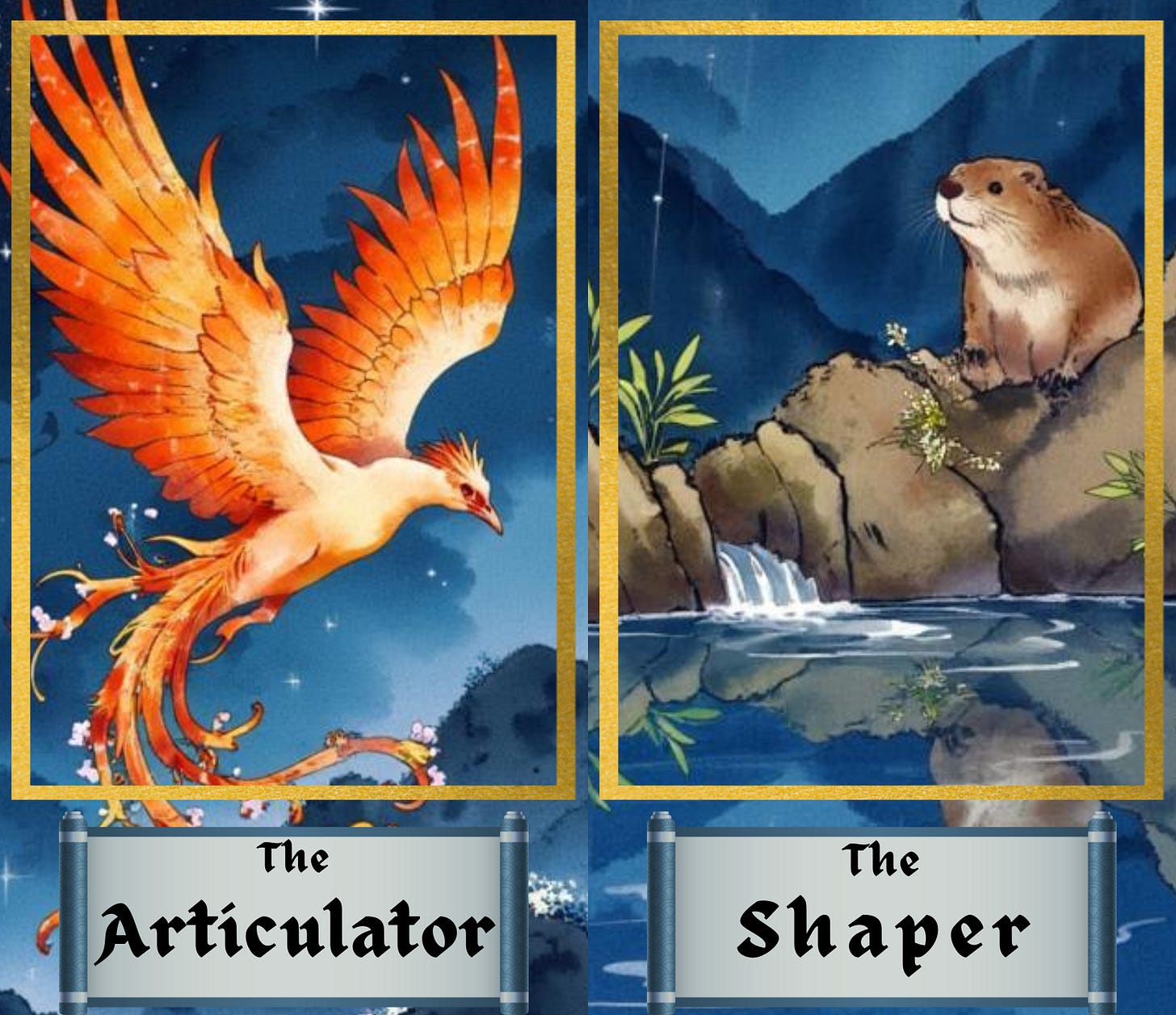 Two ink sketch images, side by side, representing two of the six AuthorKind Archetypes for states of creativity as developed by JL Tooker: The Articulator and The Shaper. Rendered in blues and beiges, with artwork framed in gold, evoking the style of a tarot card.