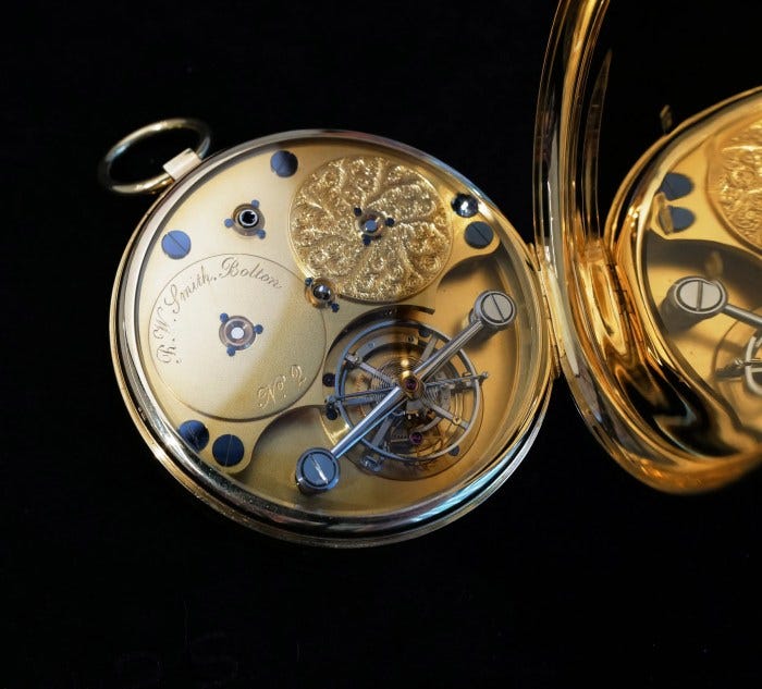The movement of Pocket Watch No. 2, signed R.W. Smith, Bolton. Photo by Kathleen McGivney. The movement of Pocket Watch No. 2, signed R.W. Smith, Bolton. Photo by Kathleen McGivney.
