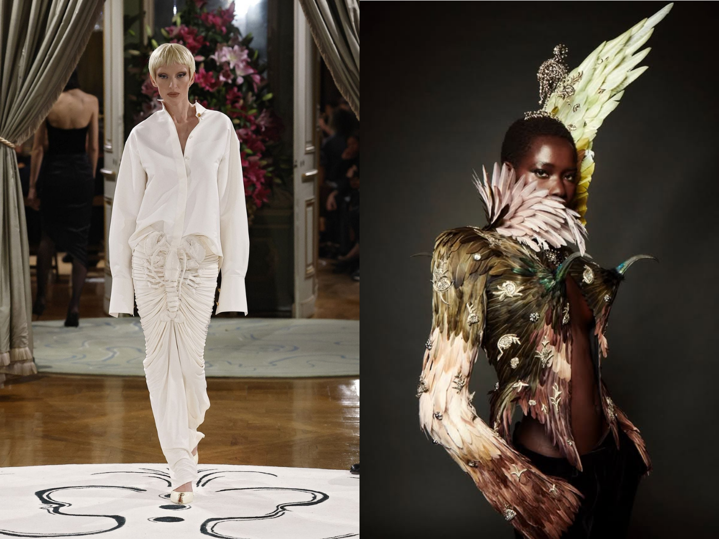 Two side-by-side fashion images: a Schiaparelli model in a white suit with anatomical bone-like quilting along the torso, and a model wearing an elaborate feathered Schiaparelli look with a wing-like structure rising near the head. Two side-by-side fashion images: a Schiaparelli model in a white suit with anatomical bone-like quilting along the torso, and a model wearing an elaborate feathered Schiaparelli look with a wing-like structure rising near the head.